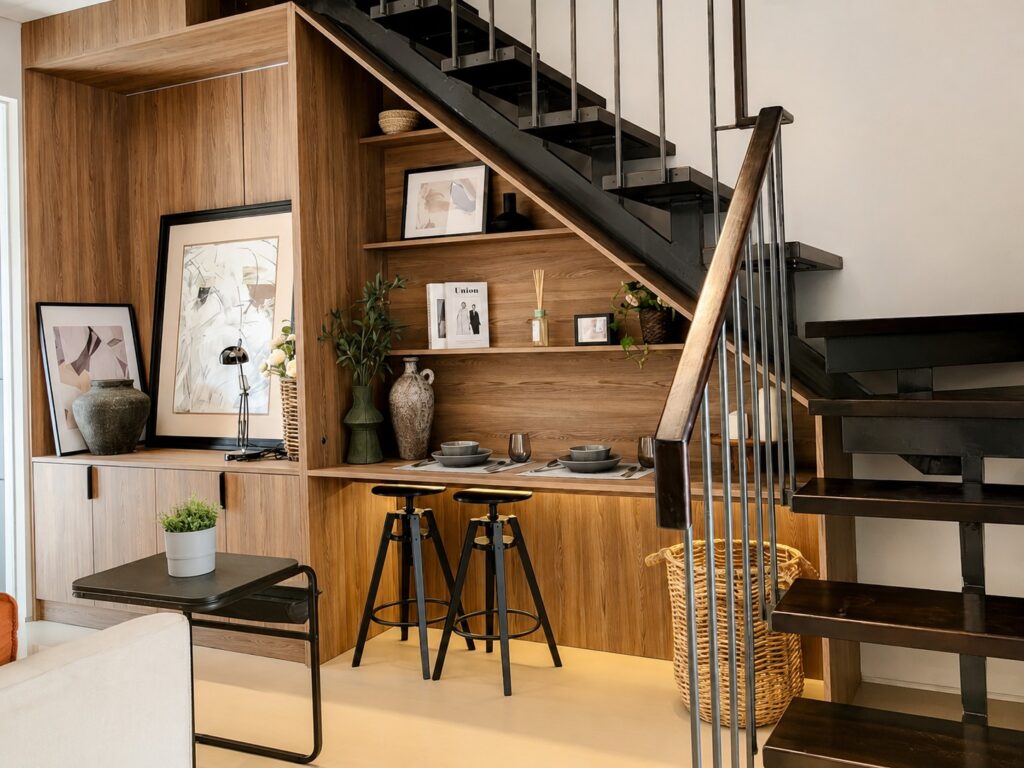 oak wood built in cabinet under a black metal staircase with shelves art frames and decorative vases around a small dining counter with two stools   citraland puncak tidar malang