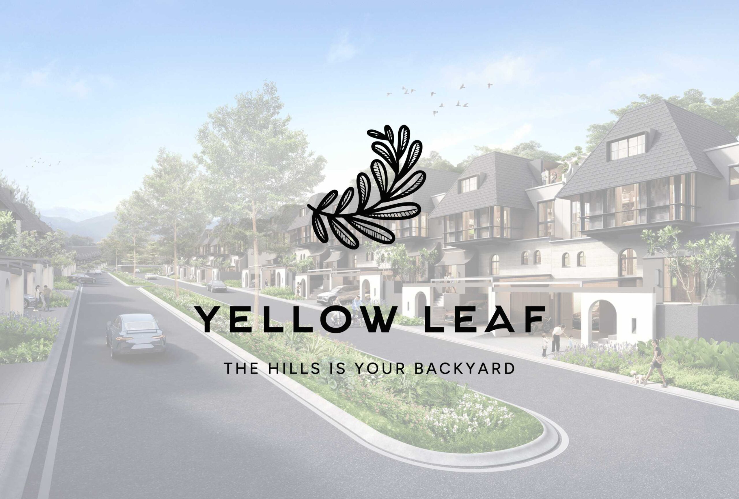 modern hillside townhouse development with a blue sky a central black leaf logo and the yellow leaf branding overlayed across the image   citraland puncak tidar malang   citraland puncak tidar malang