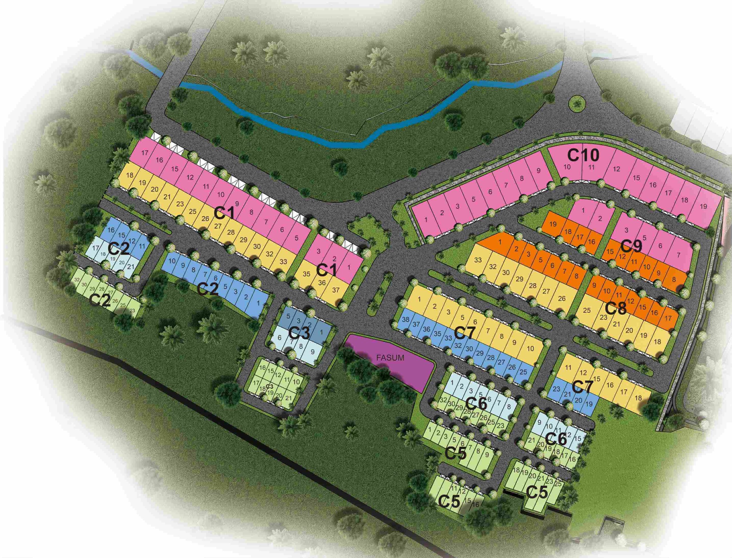 a colored master plan of a residential development with numbered plots c1c10 along curved roads and green park space with a blue stream nearby   citraland puncak tidar malang   citraland puncak tidar malang