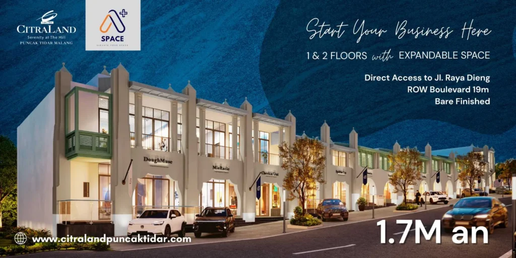 Promotional banner for Citraland Puncak Tidar Malang showing a row of storefronts, blue sky, and logos with 'Start Your Business Here' messaging.