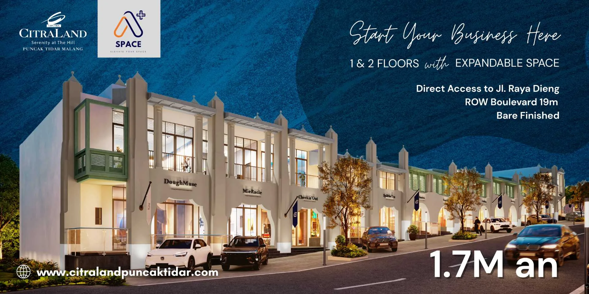 Promotional banner for Citraland Puncak Tidar Malang showing a row of storefronts, blue sky, and logos with 'Start Your Business Here' messaging.